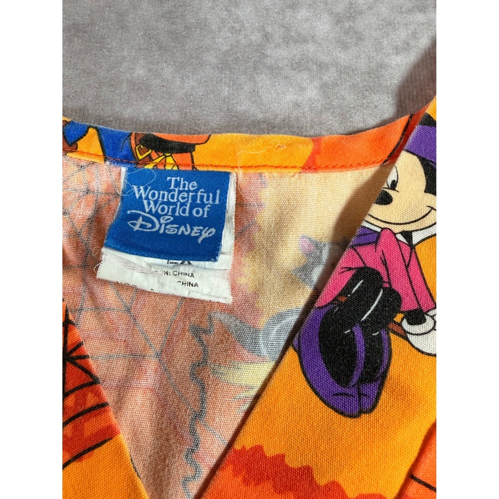 Disney Halloween Scrub Top XL Mickey Minnie Goofy Pluto Orange V-Neck Pockets - Picture 4 of 6